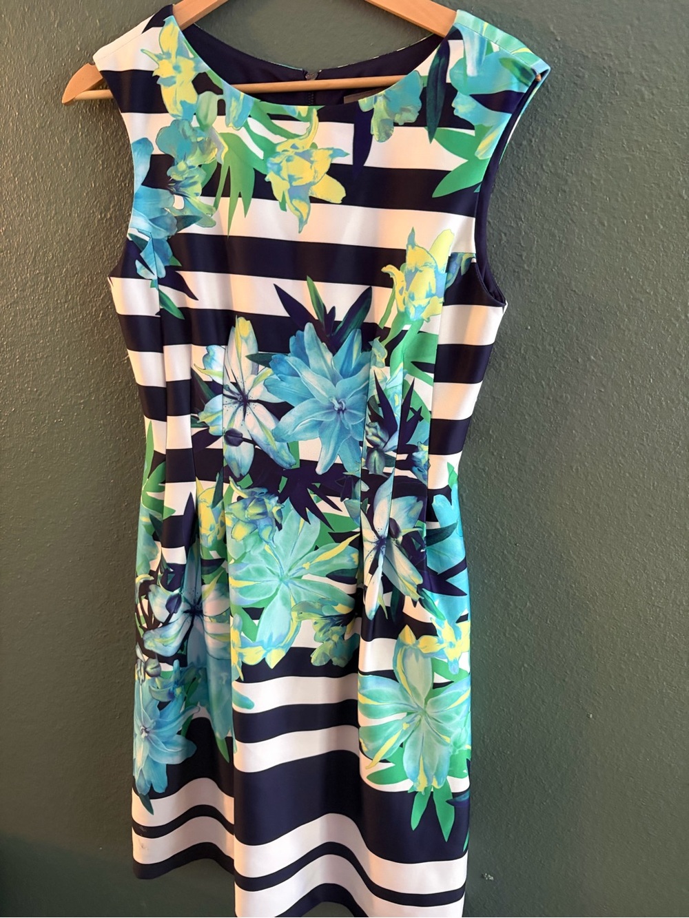 Vince Camuto Navy & White Striped Midi Dress with Aqua, Teal & Lime Floral Print